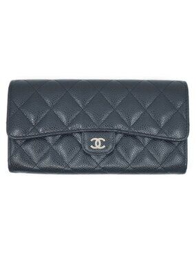Chanel CC Logo Quilted Long Flap Wallet Black Silver Caviar Leather